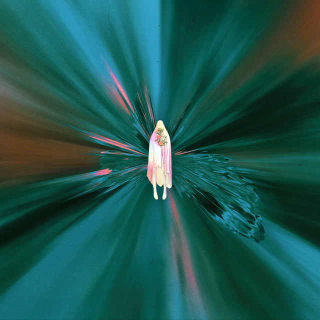 Album cover for Iridescent by Silent Planet featuring a figure draped in cloth amongst a tunnel of iridescent light beams.